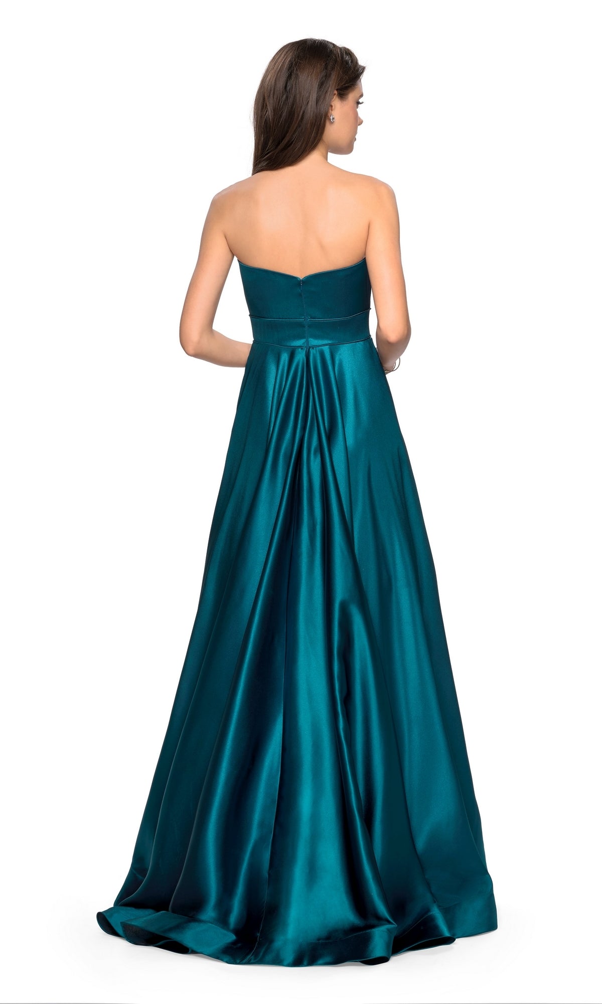 A woman models the La Femme 27506, a strapless A-line satin prom dress, in teal. She is shown from the back against a white background, highlighting the elegant silhouette.
